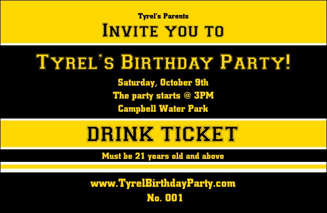 Sports Ticket Black &amp; Yellow Drink Ticket Product Front